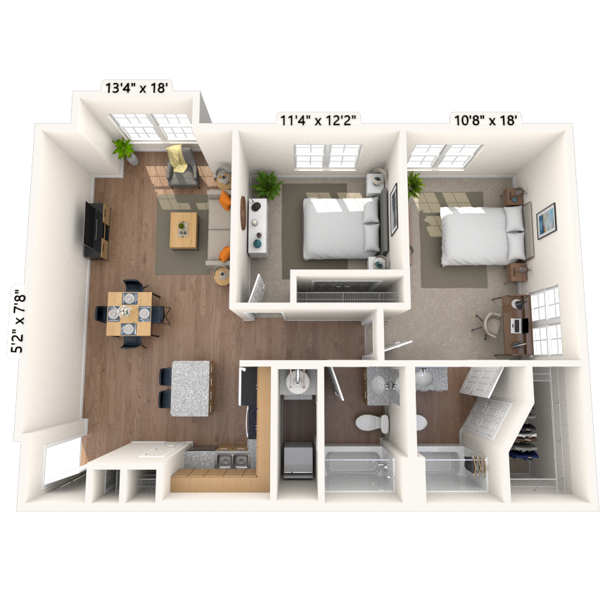Floor plan for 2 beds, 2 baths, 974 sqft